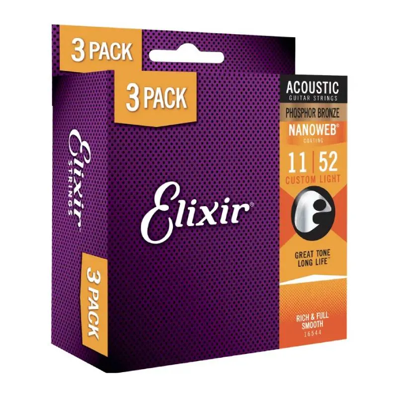 Elixir 16544 Phosphor Bronze Acoustic 11-52 – 3 Pack