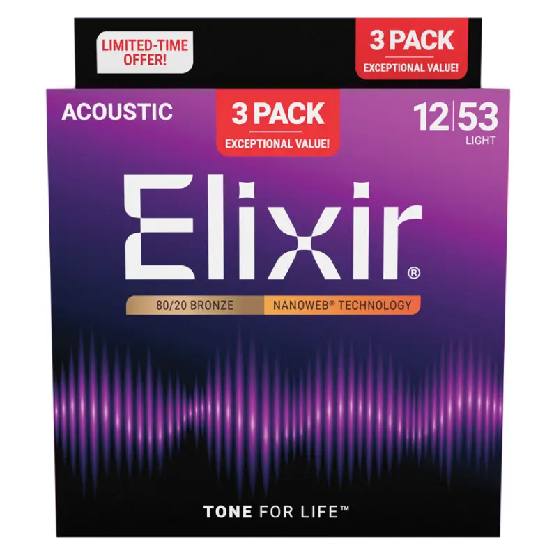 Elixir E16565 Nanoweb Phosphor Bronze Acoustic Strings 12-53 (3 Pack)